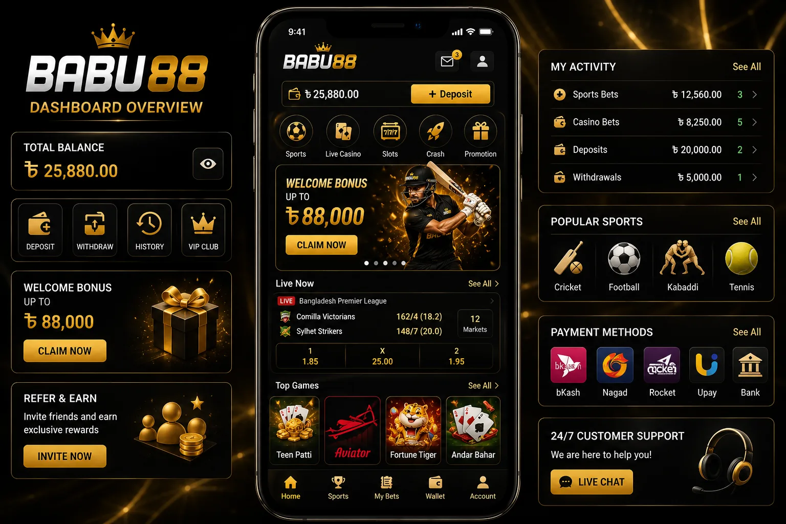 BABU88 mobile dashboard with sports and casino categories