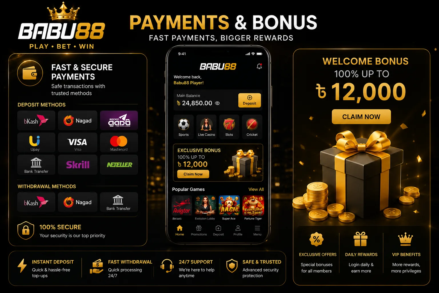 bKash, Nagad and Rocket icons with BABU88 bonus card