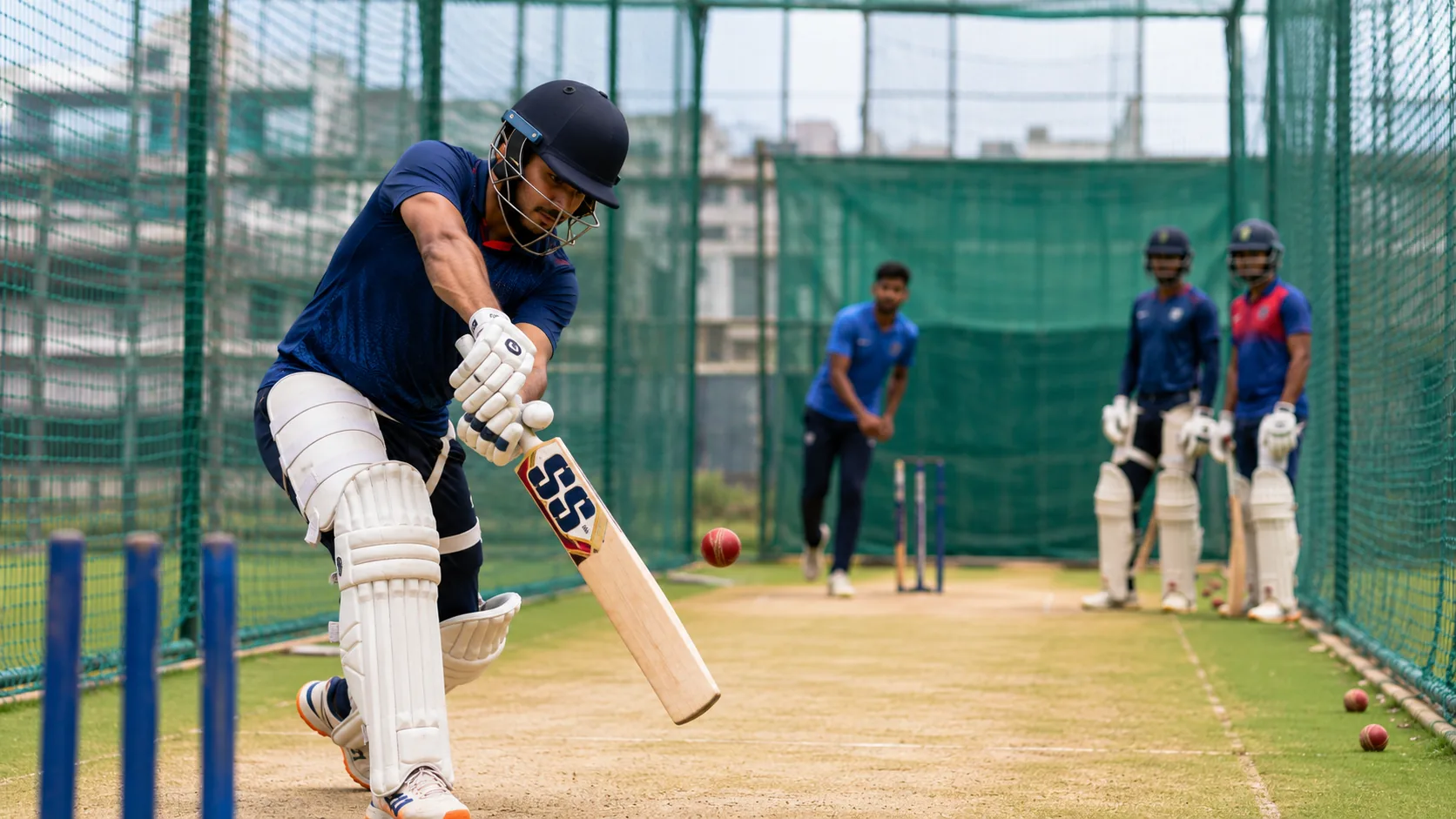 Player practicing batting drills during net practice