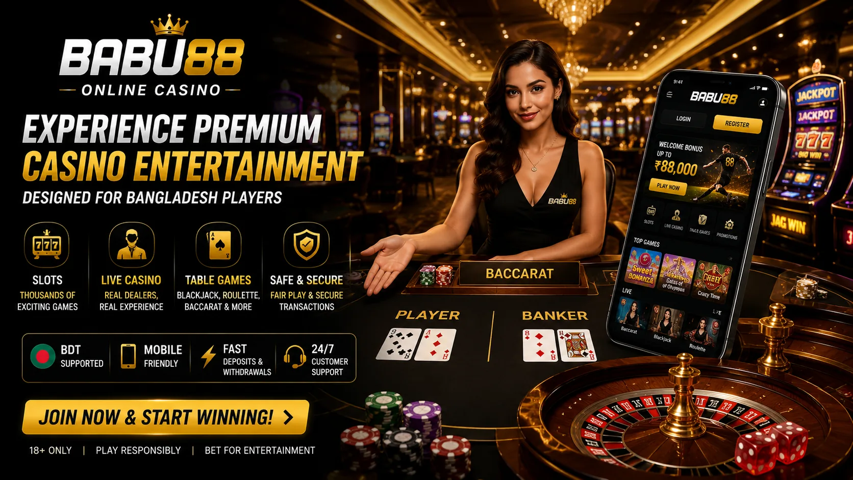 BABU88 online casino lobby with slots and live games