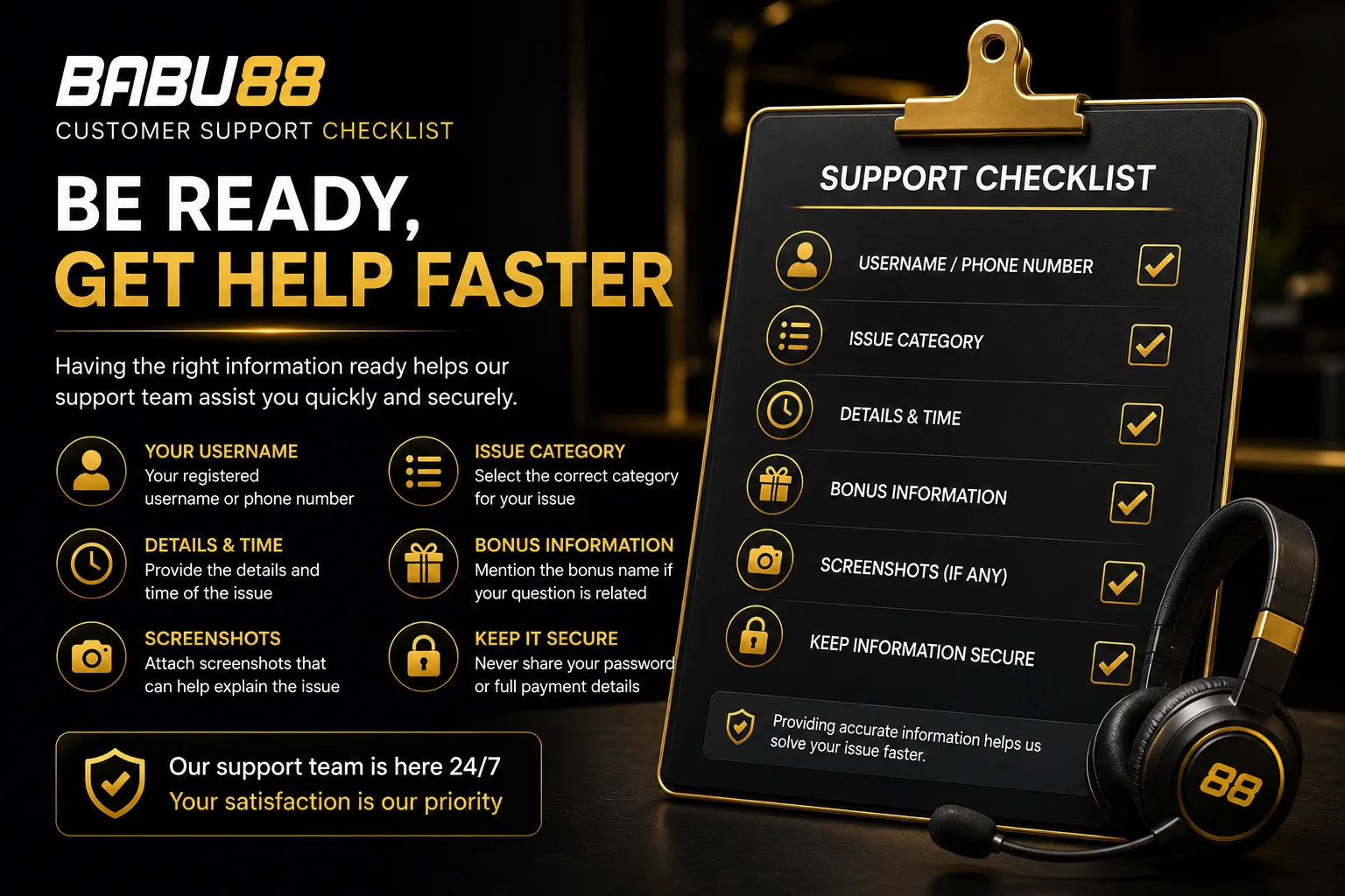 Checklist for contacting BABU88 support