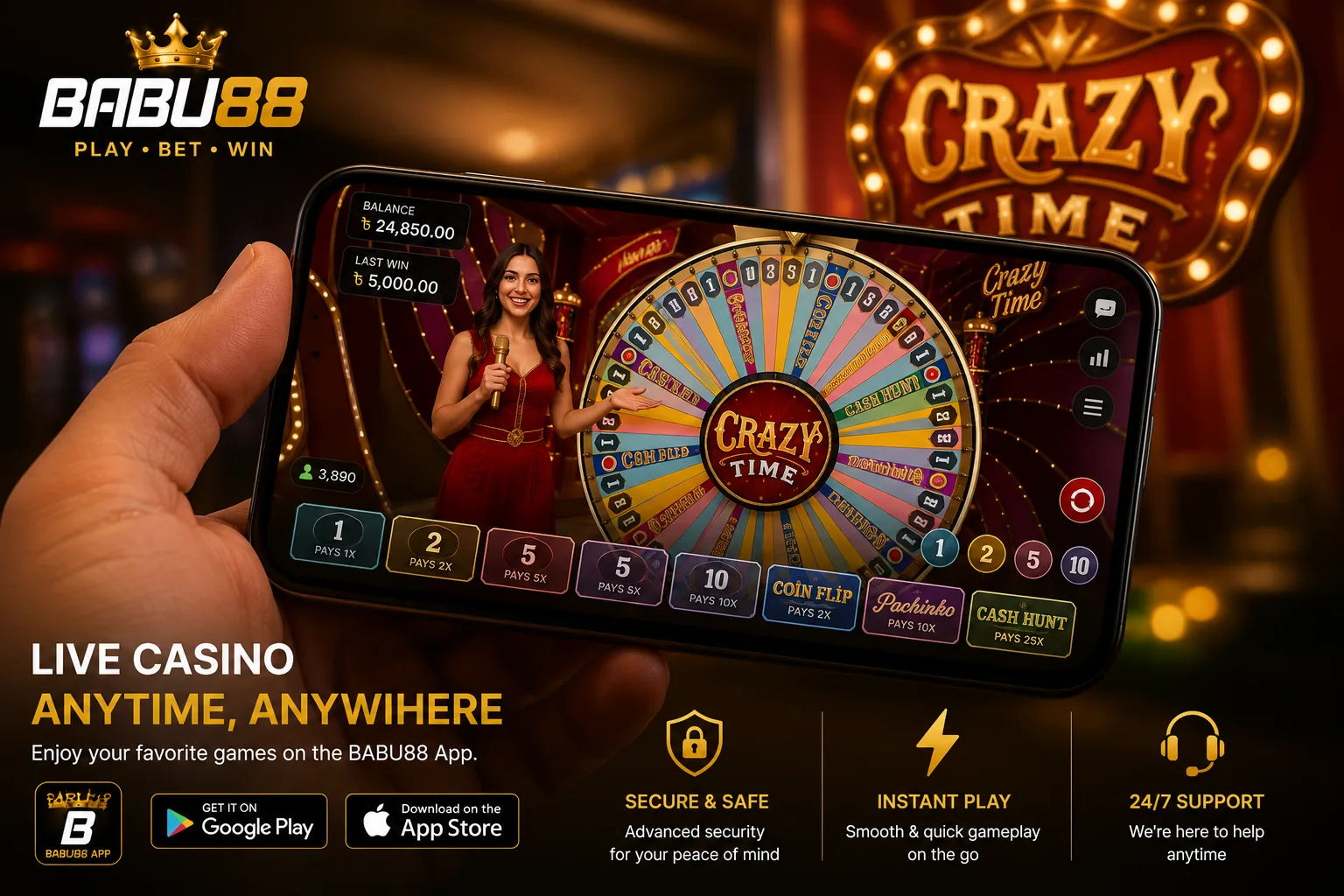 Player using BABU88 App to play Crazy Time on smartphone