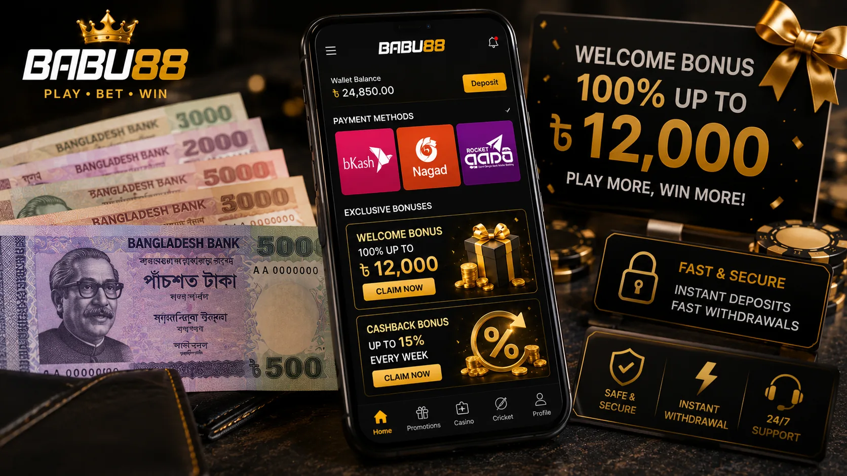 BDT banknotes with a smartphone displaying payment methods and casino bonuses