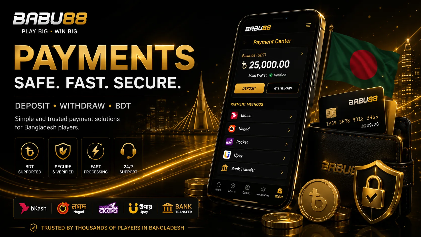 BABU88 payment dashboard with BDT deposit and withdrawal options