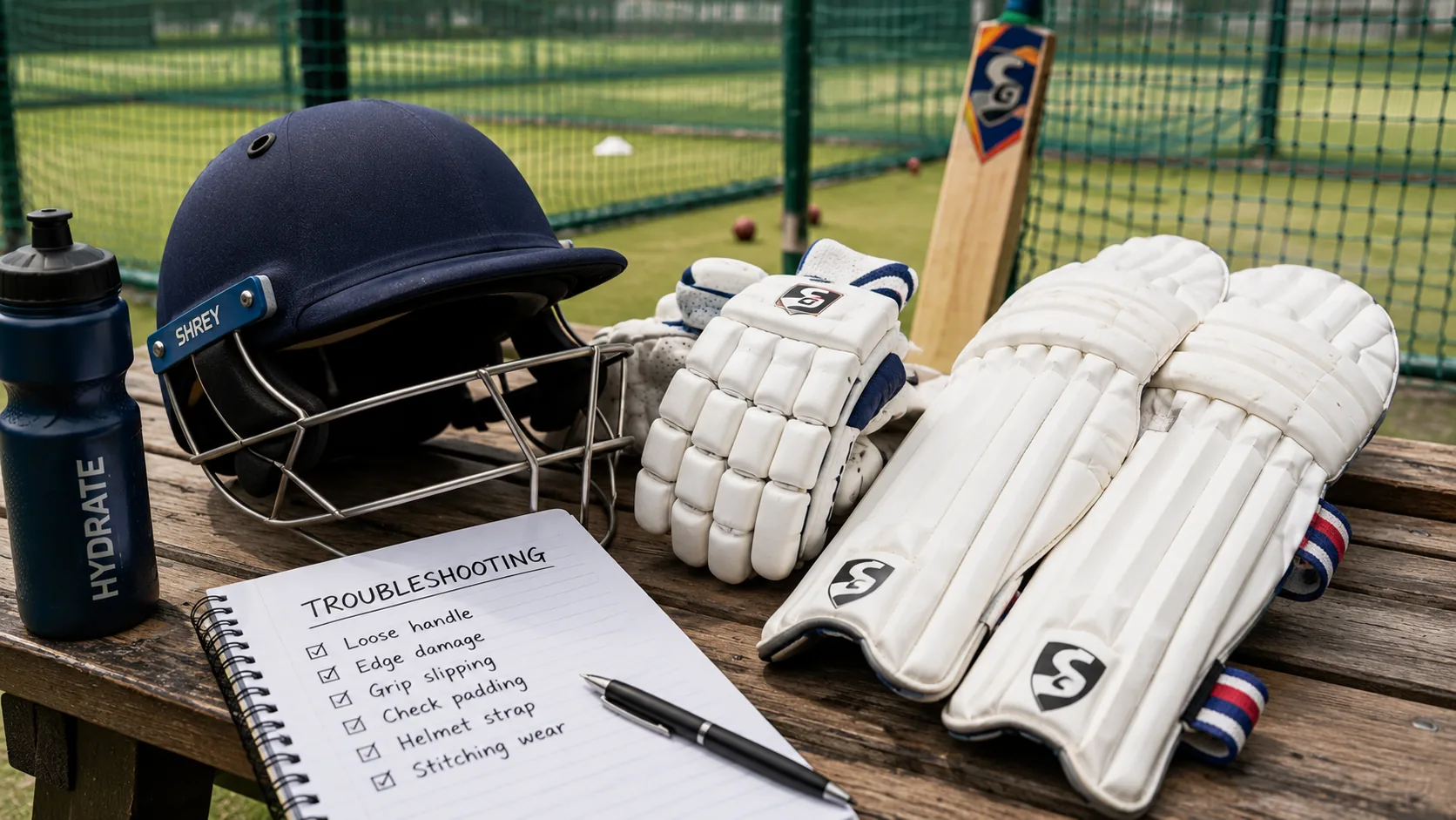 Cricket helmet, pads and gloves on a bench with notes