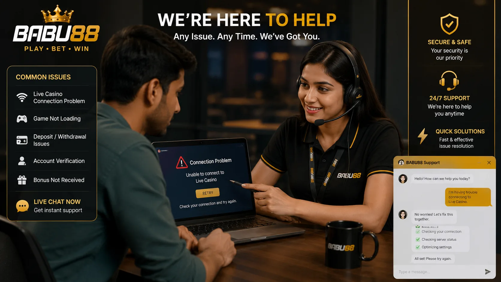 Support agent assisting a player with live casino connection issues