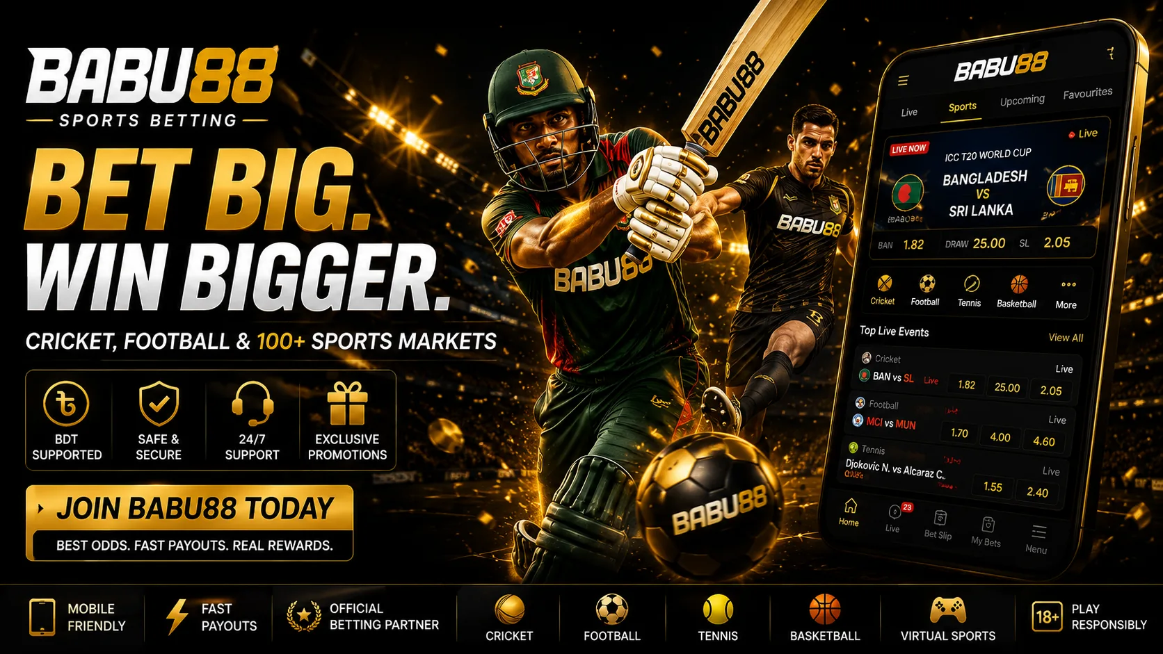 BABU88 sports betting screen with cricket and football odds